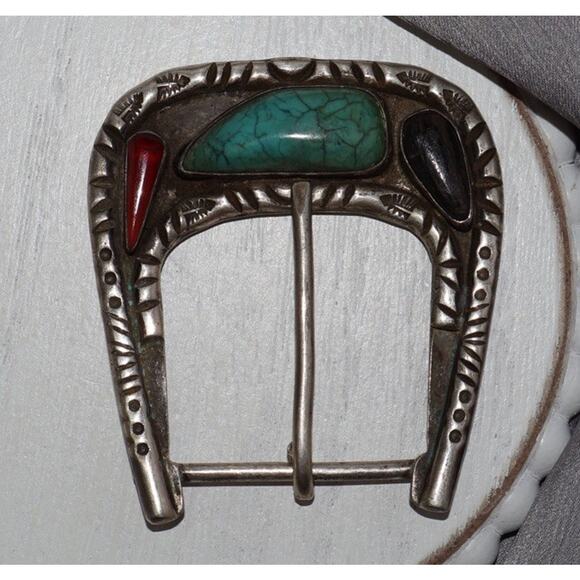 Other - Navajo Sterling Silver Turquoise, Coral & Jet Belt Buckle 33.7G / 2.3in